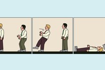 3-panel cartoon with 2 figures in business attire: both standing; the left figure falling in a trust fall; the right figure walks away and left figure hits floor
