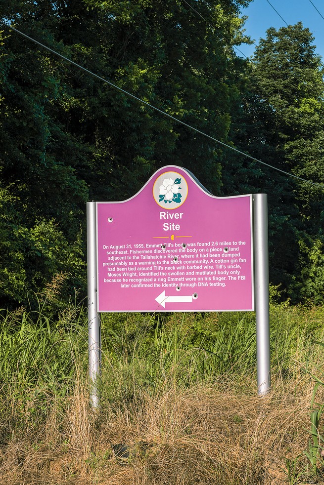 Pink road sign "River Site," pockmarked with bullet holes, in tall grass 
