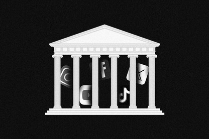 The Supreme Court building with tech companies' logos between the pillars