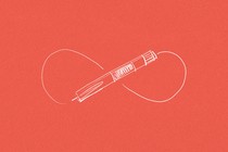 A sketch of an ozempic pen forms the center of an infinity sign against a bright red background