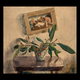 watercolor painting of potted plant with large leaves on small table with crooked framed painting above it of biblical scene