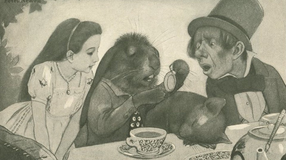 Illustration of a young girl, a hare, and a man in a top hat staring at a pocket watch as they sit at a table set for tea