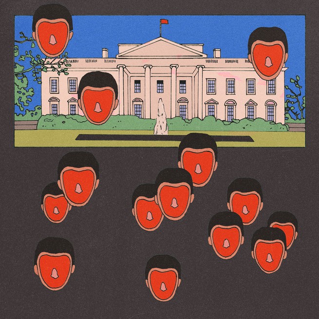 illustration of red faces of Trump loyalists swarming the white house