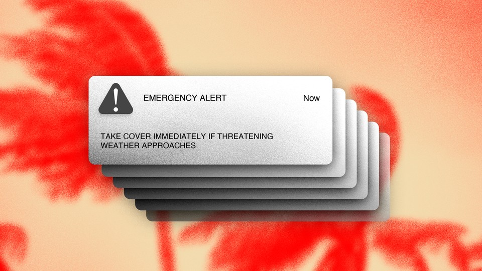 An emergency alert that reads, "Take cover immediately if threatening weather approaches," set against an orange background