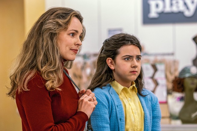 Still image from film version of "Are You There God? It's Me, Margaret" showing woman and girl with concerned look in a store