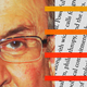 Photo collage of Salman Rushdie and thick red and orange lines over text