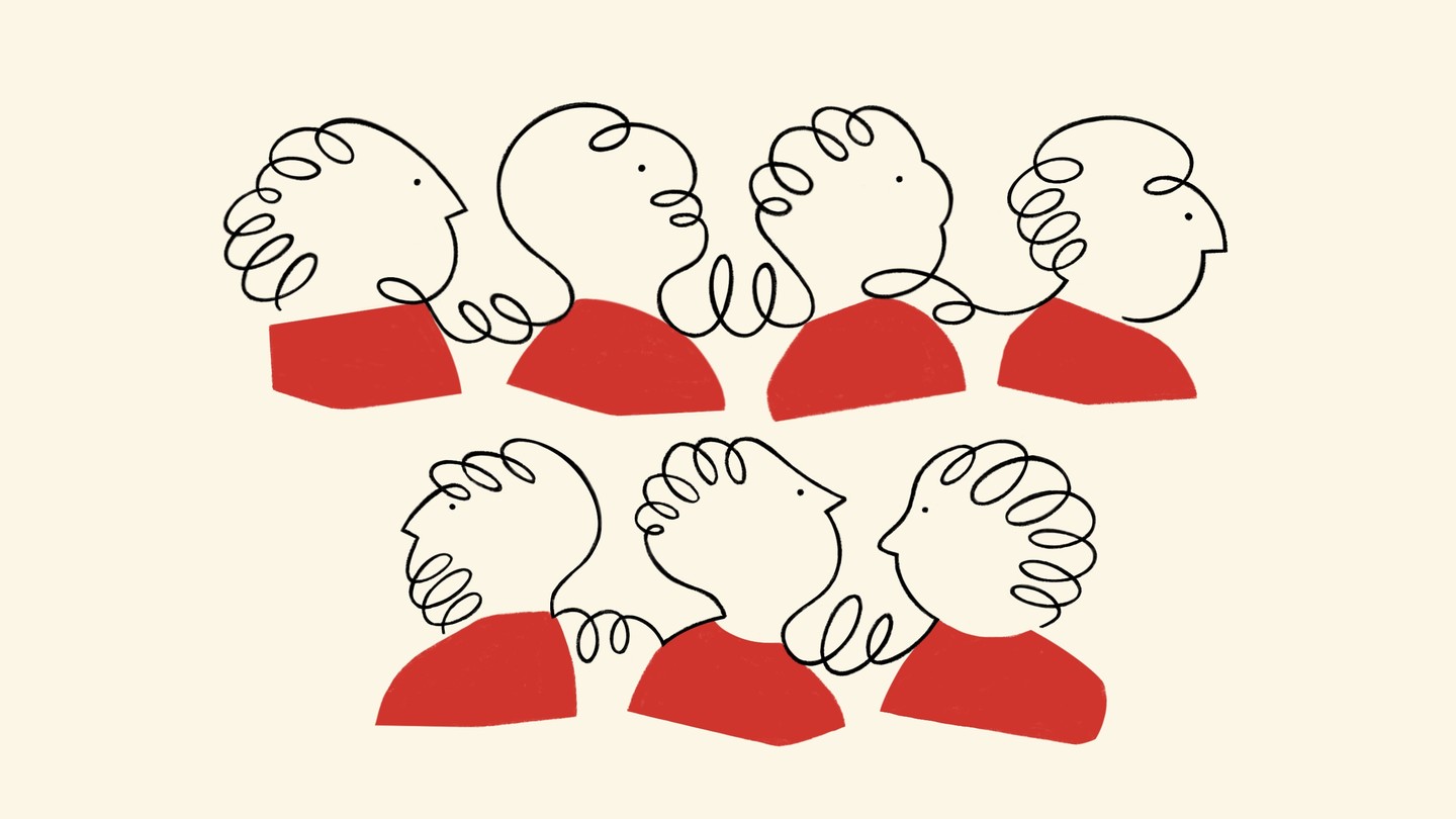Black line drawing of people in red shirts talking