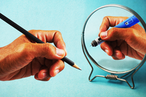 Photo-illustration of a hand holding a pencil, reflected back in a mirror as a hand holding an Ozempic injection pen