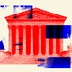 A photo illustration of the Supreme Court building in a red hue and blue cutouts of a woman's face