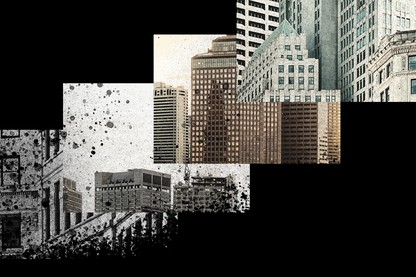A collage of city buildings