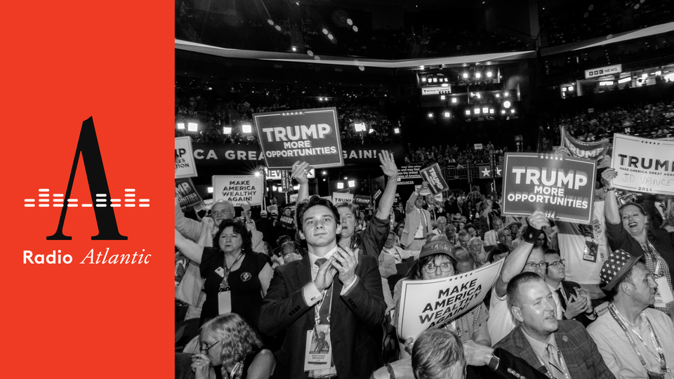 A spliced image with the red-black-and-white "Radio Atlantic" logo on the left and a black-and-white photo of a crowd holding up signs at the RNC on the right.