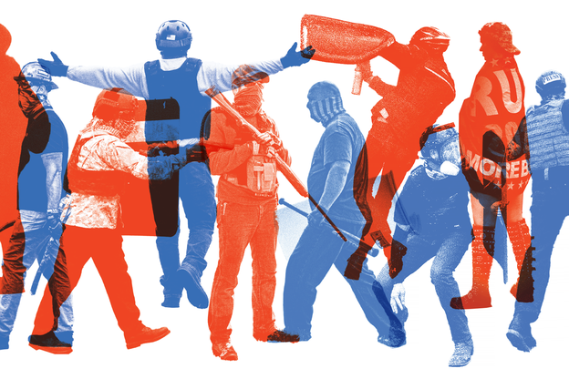 photo illustration with alternating red and blue images of 10 violent protesters in various poses, some armed, one wearing Trump flag
