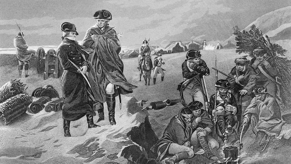 French military leader Marquis de Lafayette and General George Washington at Valley Forge encampment of the Continental Army during the winter of 1777-78