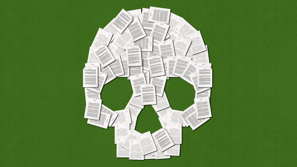 An illustration of printed essays arranged to look like a skull