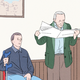 illustration of man seated under picture of Mount Rushmore in waiting room holding crutches next to older man standing and reading newspaper