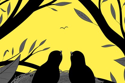 two birds looking out at tree branches