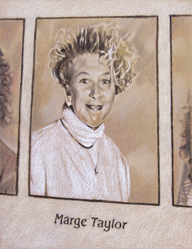 illustration of black and white yearbook photo with girl in white turtleneck and short blonde hair captioned "Marge Taylor" 