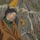 detail of illustration with gray-haired white man in a black knit cap, a green turtleneck, and a brown coat in front of coastal rocks