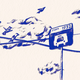 An illustration of birds sitting on wires crossing behind a bus-stop sign, in blue ink on a beige background