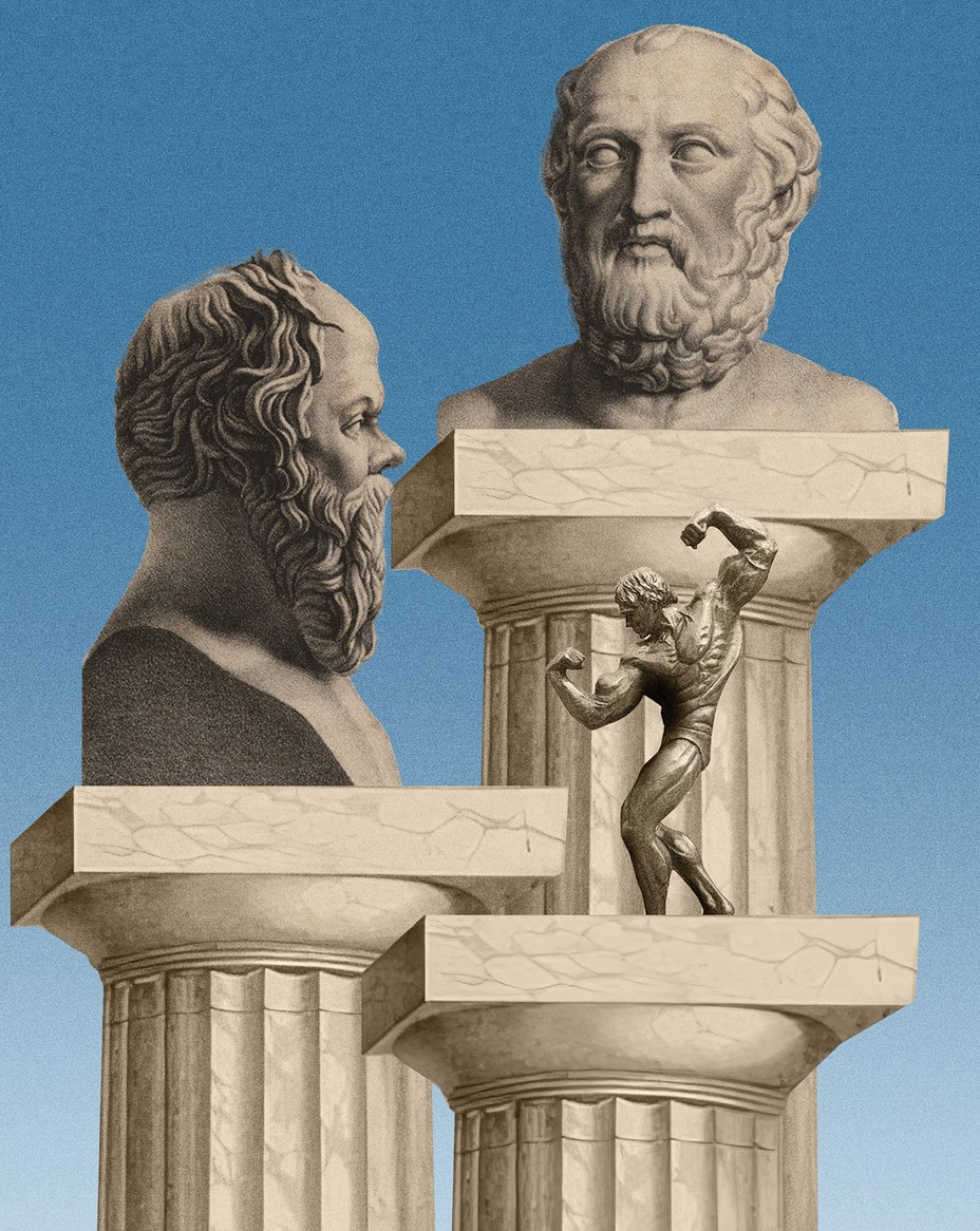 illustration with three marble columns, two holding bearded busts of Plato and Socrates and one with sculpture of bodybuilder flexing
