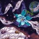 Illustration of a ribbon of spider silk covered with spiders stretching across star-filled space to wrap around a blue planet with a blue flower growing from it