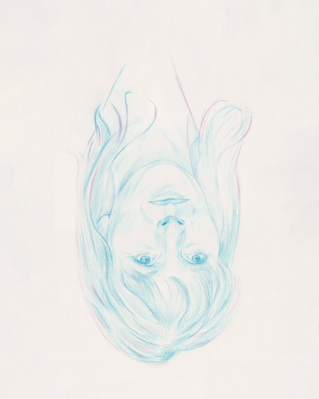 upside-down color-pencil sketch in blues and purples of the author's face and hair on beige background
