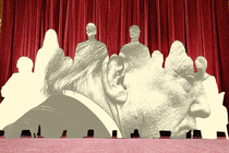 Graphic illustration with a black-and-white profile photo Donald Trump seen inside a color outline of the Supreme Court justices.