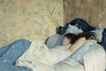 a painting of a woman lounging asleep in a bed