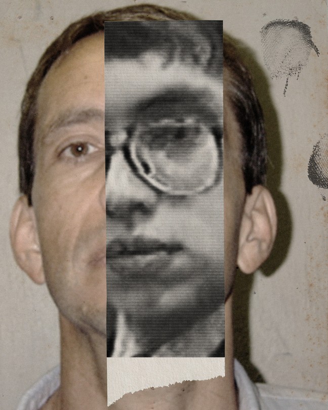 Mug shot of Jens Söring with an image overlaid of him as a young adult