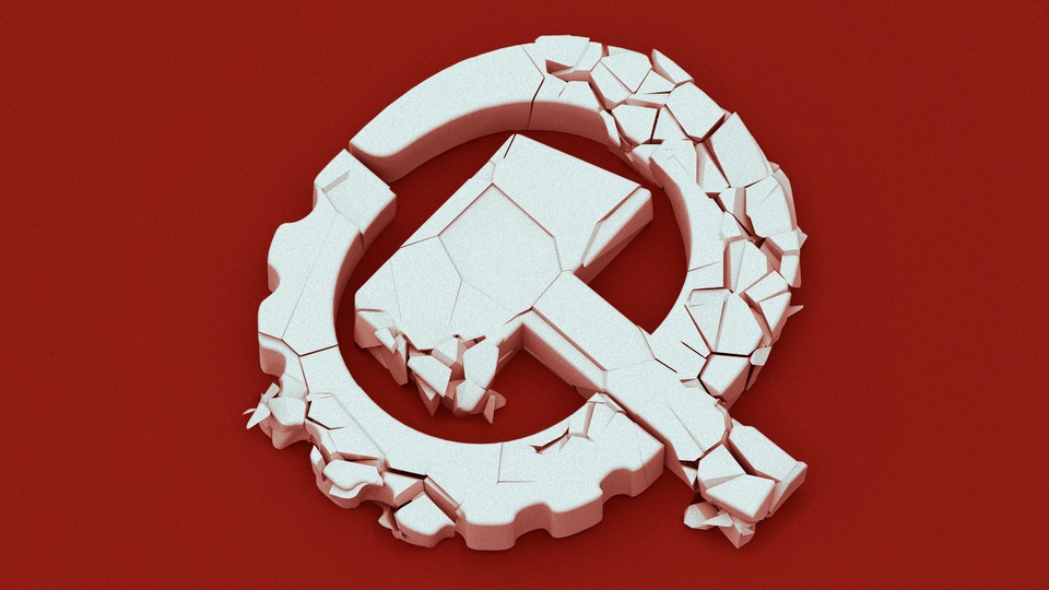 The symbol of the Communist Party of the USA crumbling