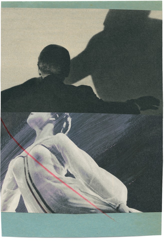 illustration in 2 parts: person conducting music from behind with shadow and female dancer's torso with painted lines