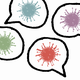 Four colorful coronaviruses, each enclosed in a conversation bubble