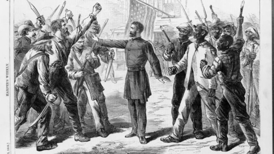 19th-century engraving from Harper's Weekly of white and black mobs facing off with man in uniform between them