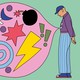 An illustration of a man with a large, pink word bubble emerging from his gut; it contains a hodgepodge of symbols: a spiral, a lightning strike, a bomb, two exclamation marks, a star, and a fish skeleton.