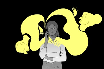 An illustration of a young woman on the phone with visages of parents haunting her