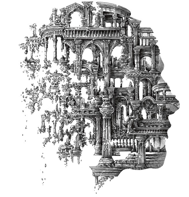 black/white sketch of a disintegrating building shaped like a head