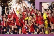 The Spanish women's national team celebrates after winning the World Cup.