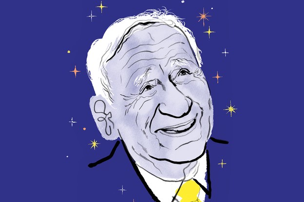 illustration of Mel Brooks smiling with retro 1950s sparkles on blue background