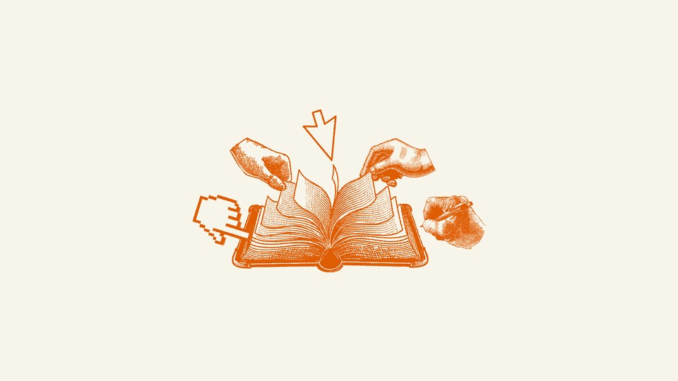 An orange-tinged illustration of a variety of styles of fingers and cursors pointing at a page in an open book