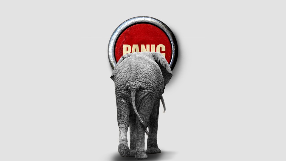 An illustration of an elephant walking into a panic button