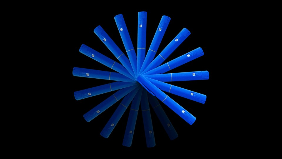 An illustration of GLP-1 drug-injection pens arranged in a circle and fading to black