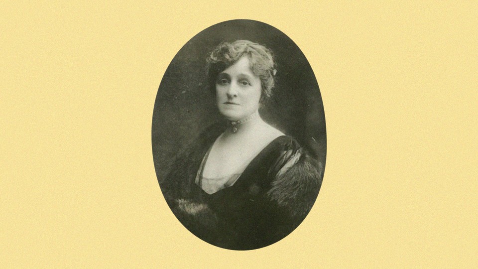 A circular black-and-white portrait of Edith Wharton