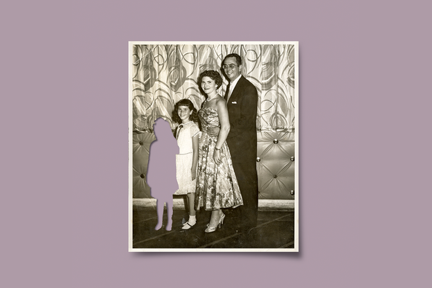 black-and-white family photo of girl standing with parents, with cut-out silhouette of missing younger child on light purple background