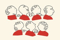 Black-line drawing of people in red shirts talking