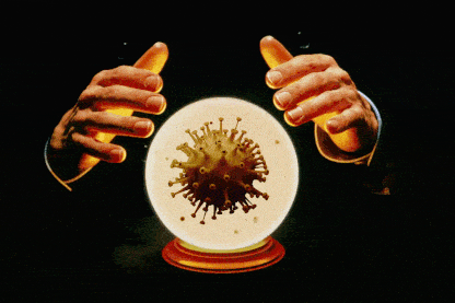Hands animated over a crystal ball showing Covid virus.