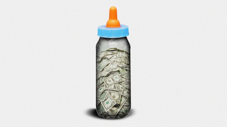 Illustration of baby bottle filled with money.