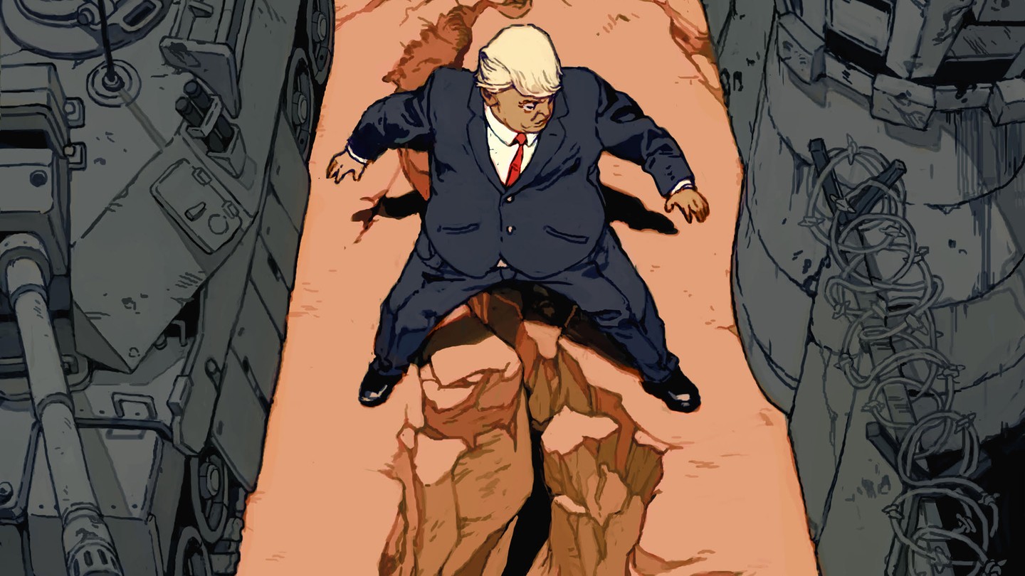 Illustration: Trump straddles a crumbling canyon dividing isolationism—watch towers and barbed wire fences—and antagonism—armored tanks and other military vehicles.