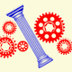 A photo illustration of cogs and wheels of a machine with an ionic column in the middle.