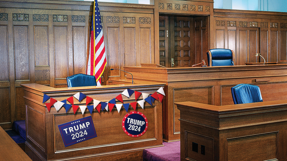 Photo-illustration of wood-paneled court chamber with judge's bench, American flag, and campaign bunting and posters saying "Trump 2024" around the witness stand