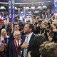 J. D. Vance standing next to the "Ohio" sign and surrounded by a crowd of Trump supporters and press at the Republication National Convention